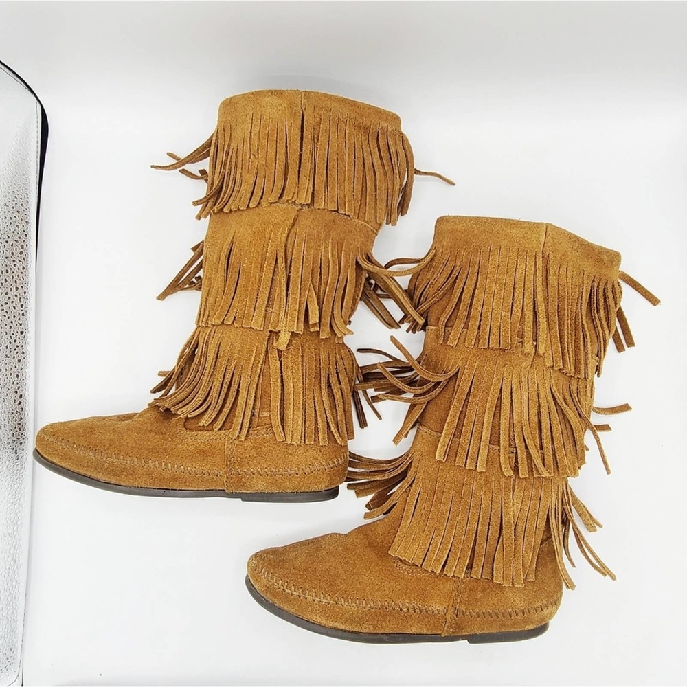 Minnetonka 3 Layer Fringe Boot Brown Suede - image 5